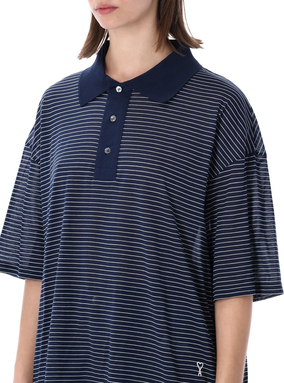 AMI Paris Striped Boxy Fit Polo With Ami De Coeur Blu Navy