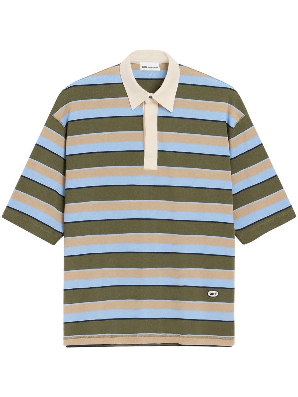 AMI Paris Oversized Striped Polo Shirt with Signature Ami Patch Groen