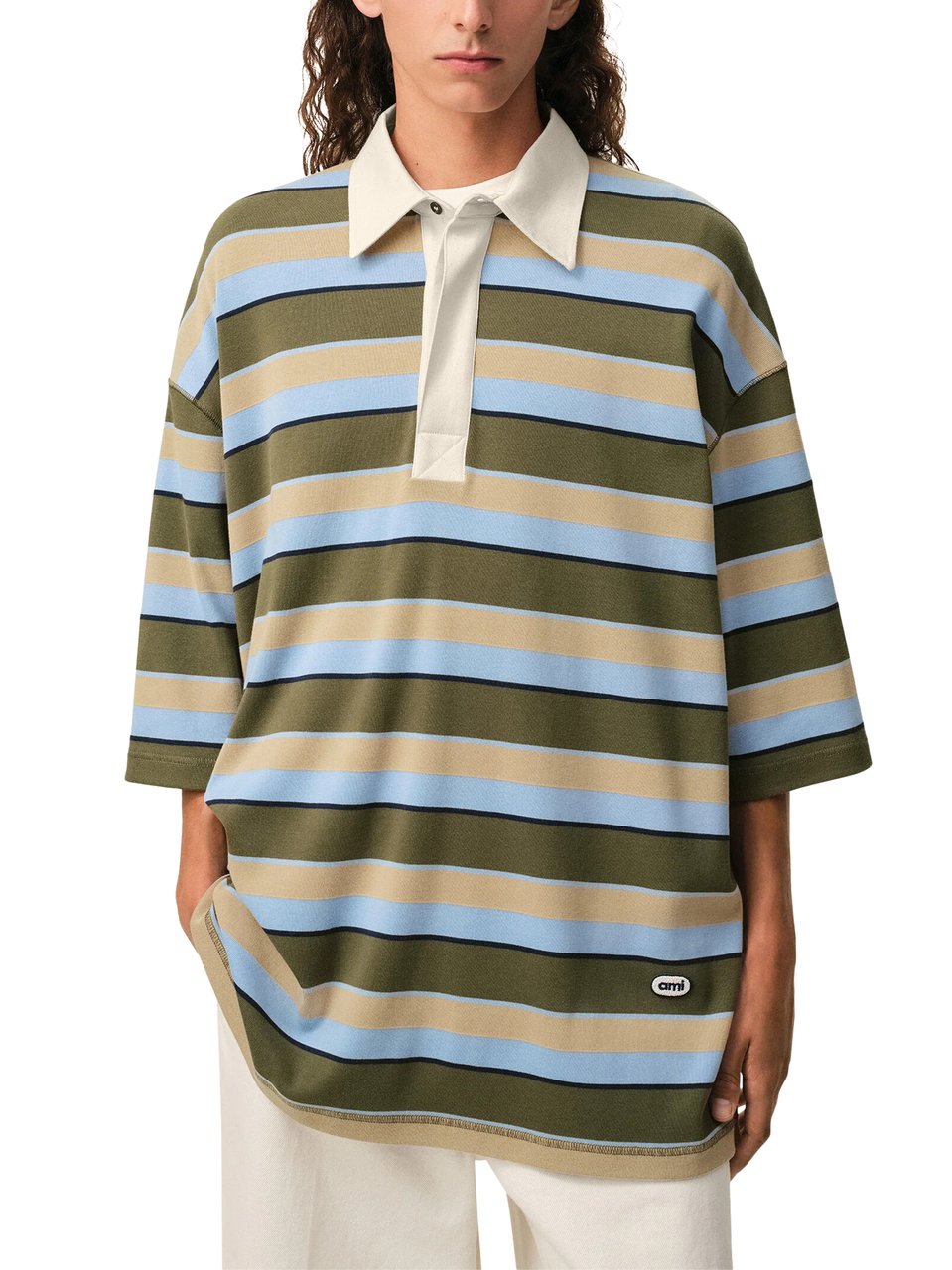 AMI Paris Oversized Striped Polo Shirt with Signature Ami Patch Groen