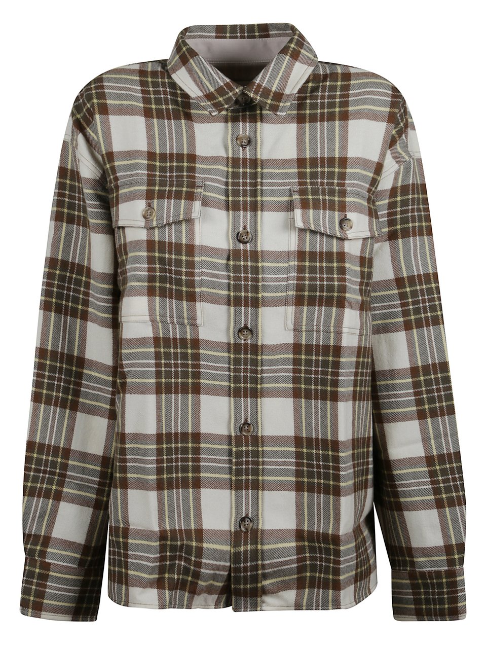 AMI Paris Brown and White Checked Shirt with Structured Collar Bruin