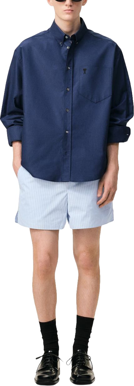 AMI Paris Light Blue Striped Shorts Blauw
