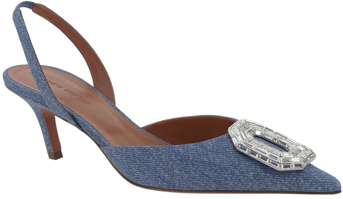 Amina Muaddi Amina Muaddi Camelia Sling 60 Printed Denim Pumps Blauw