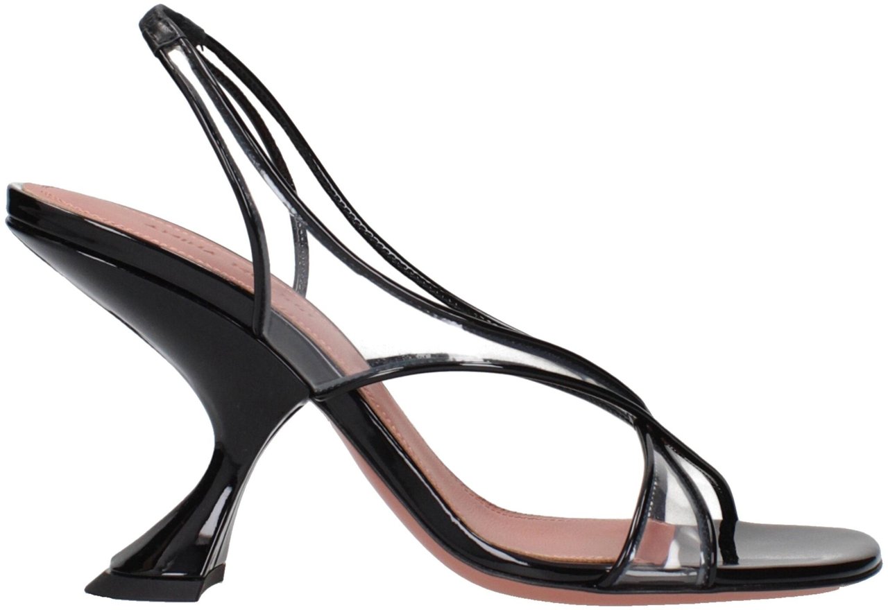Amina Muaddi Black Leather Stiletto Heel Sandals Zwart