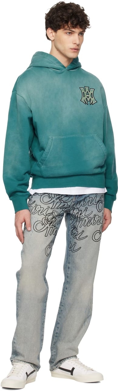 Amiri Faded Teal Oversized Hoodie with Graphic Patches Blauw