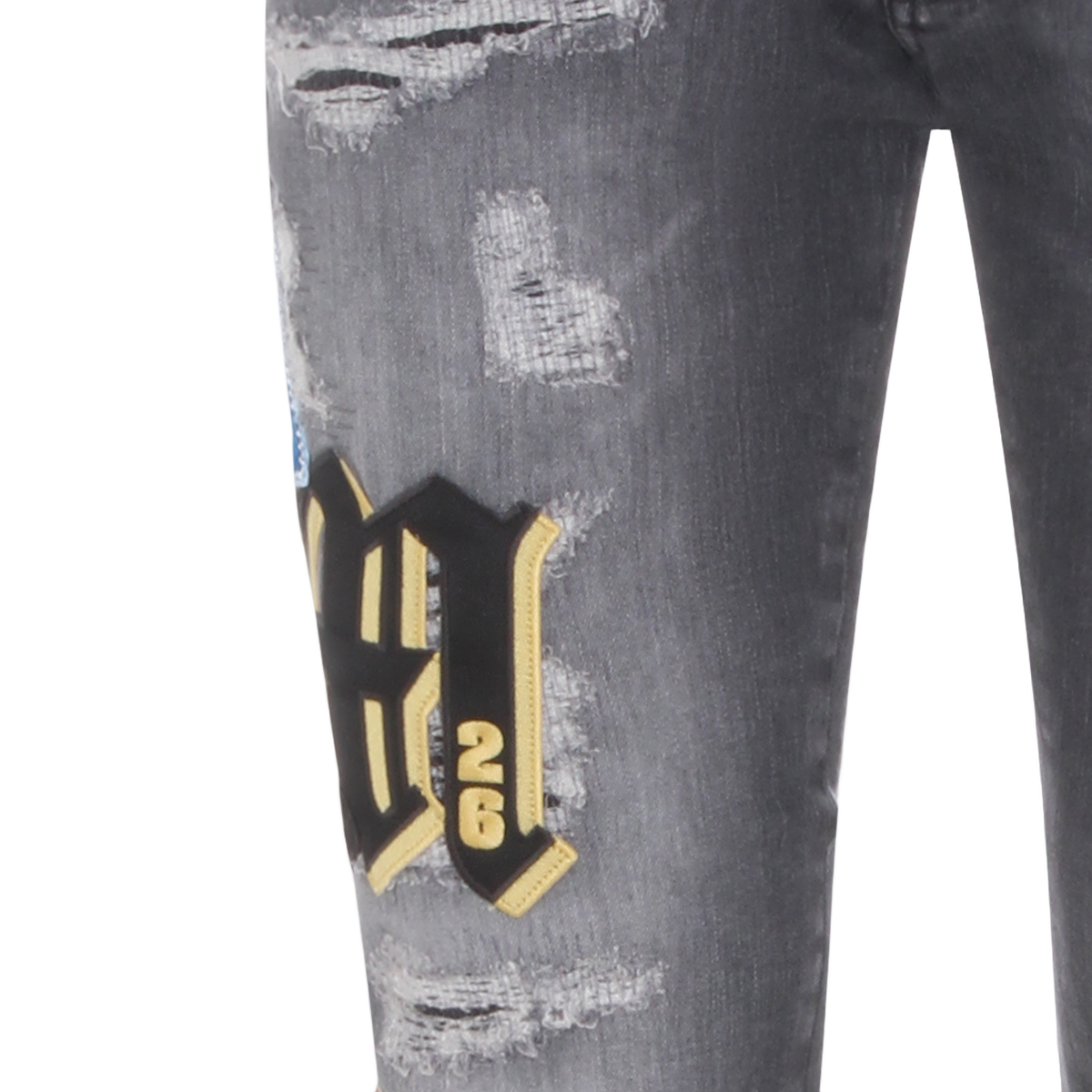 Amiri Slim-Fit Distressed Jeans with Bold Embroidered Patches Grijs