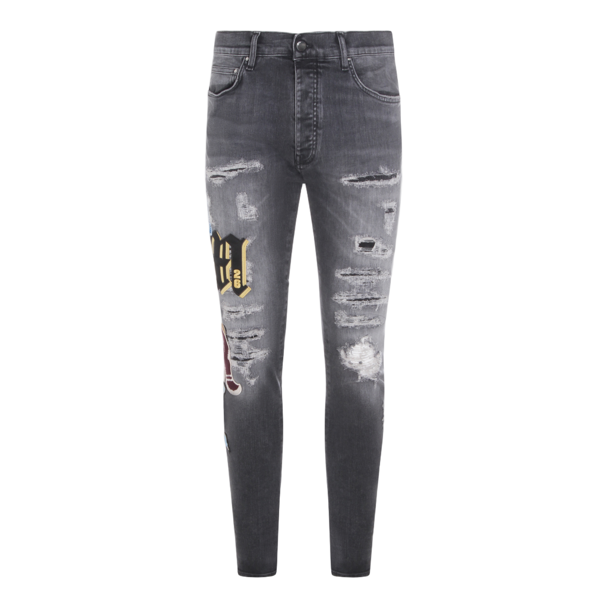 Amiri Slim-Fit Distressed Jeans with Bold Embroidered Patches Grijs