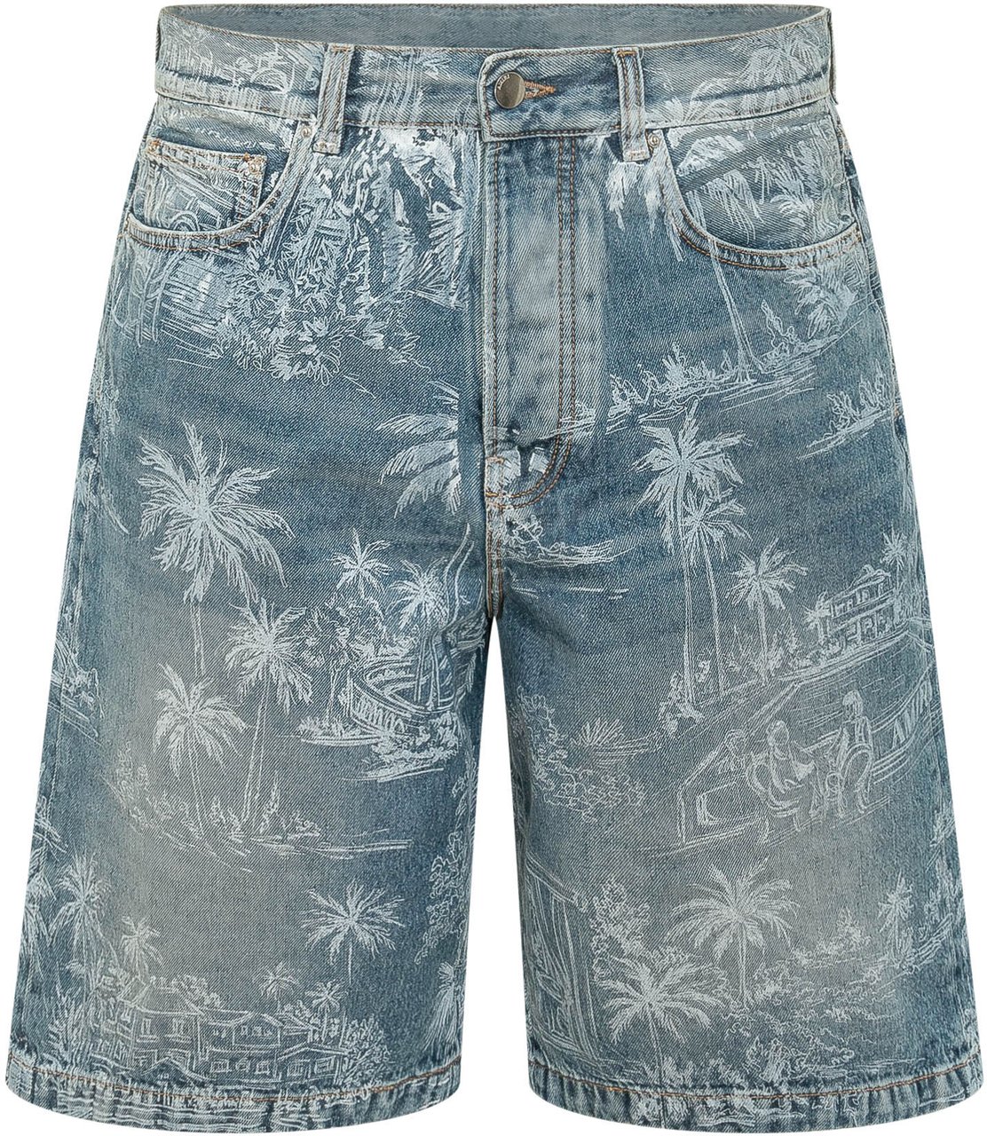 Amiri Chateau Denim Shorts con Stampa Paesaggio Blauw