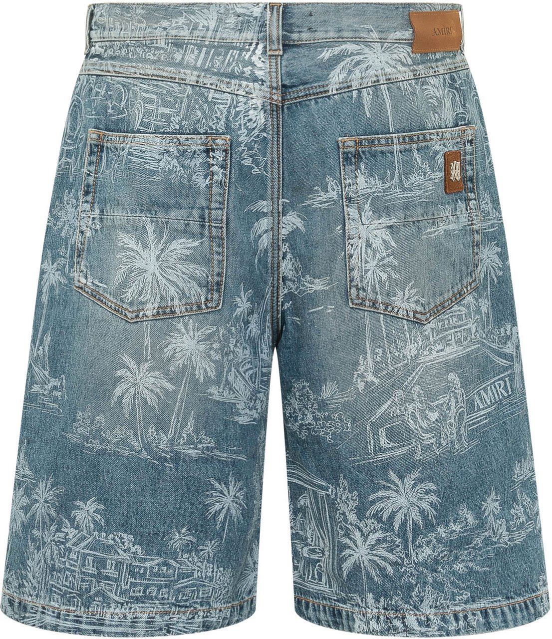Amiri Chateau Denim Shorts con Stampa Paesaggio Blauw
