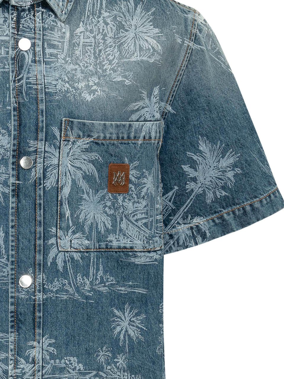 Amiri Chateau Camicia Denim con Stampa Paesaggio Blauw