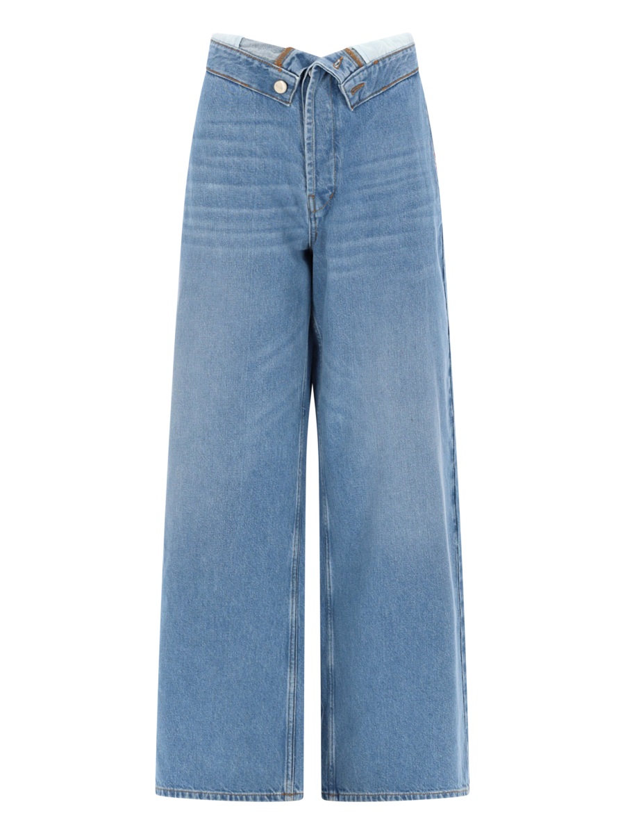 Amish Light Blue Roll Up Cropped Cotton Jeans Blauw