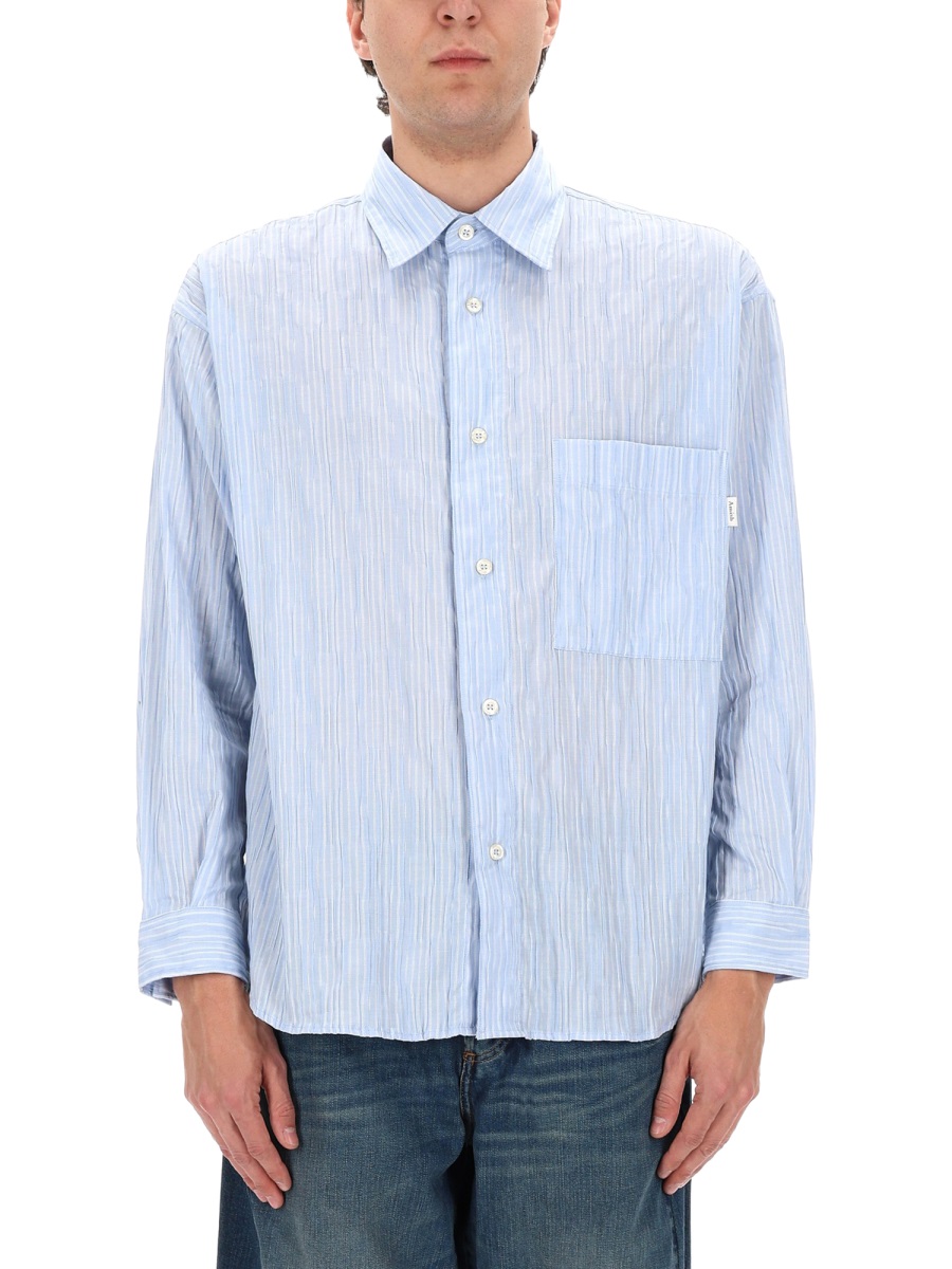 Amish Crinckle Relaxed Fit Vertical Stripes Shirt Blauw