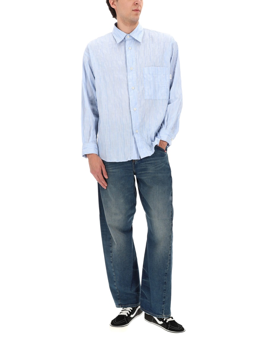 Amish Crinckle Relaxed Fit Vertical Stripes Shirt Blauw