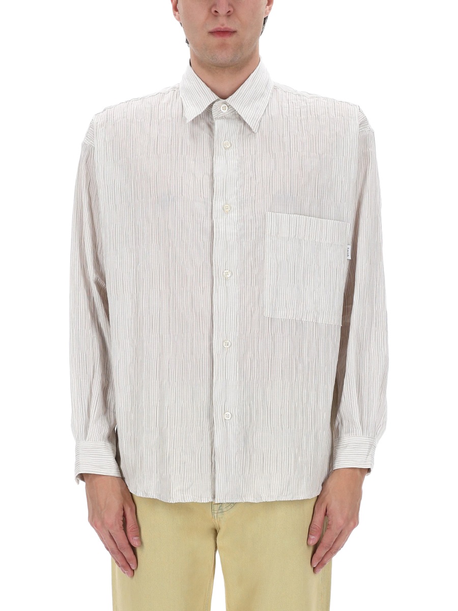 Amish Neutrals Relaxed Fit Crinkle Cotton-Blend Shirt Wit