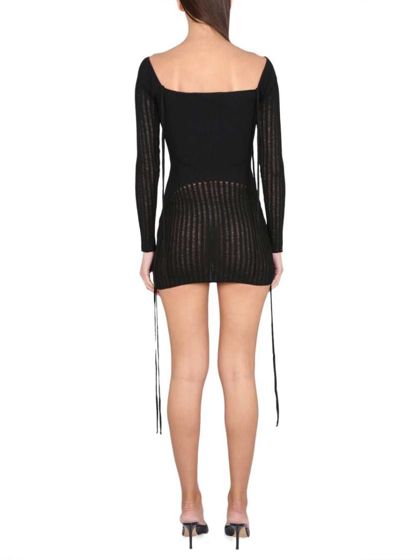 ANDREADAMO Textured Ribbed Mini Dress With Boat Neckline Zwart
