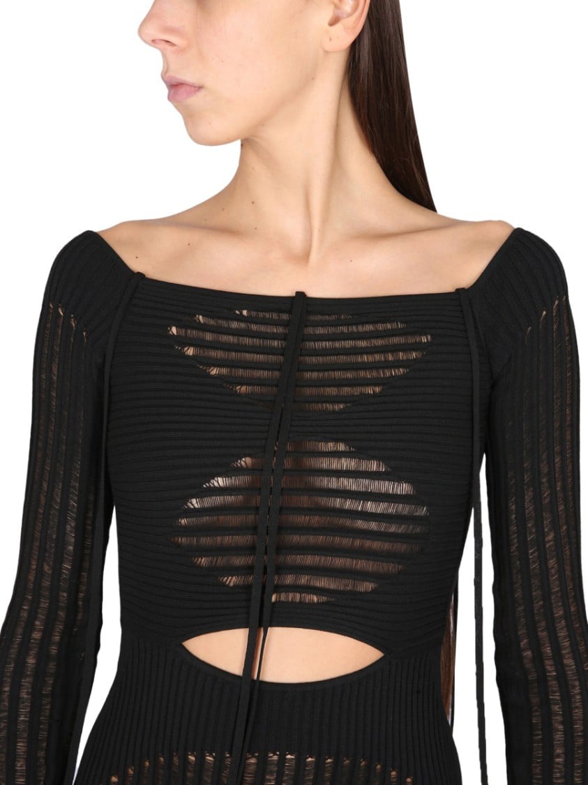 ANDREADAMO Textured Ribbed Mini Dress With Boat Neckline Zwart