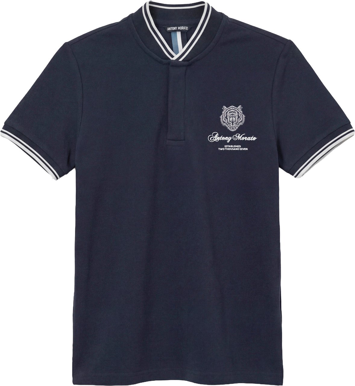 Antony Morato POLO REGULAR FIT KOREAN COLLAR IN PIQUET FABRIC WITH TIGER PRINT PATCH AND MATT PLASTIC LOGO Blauw