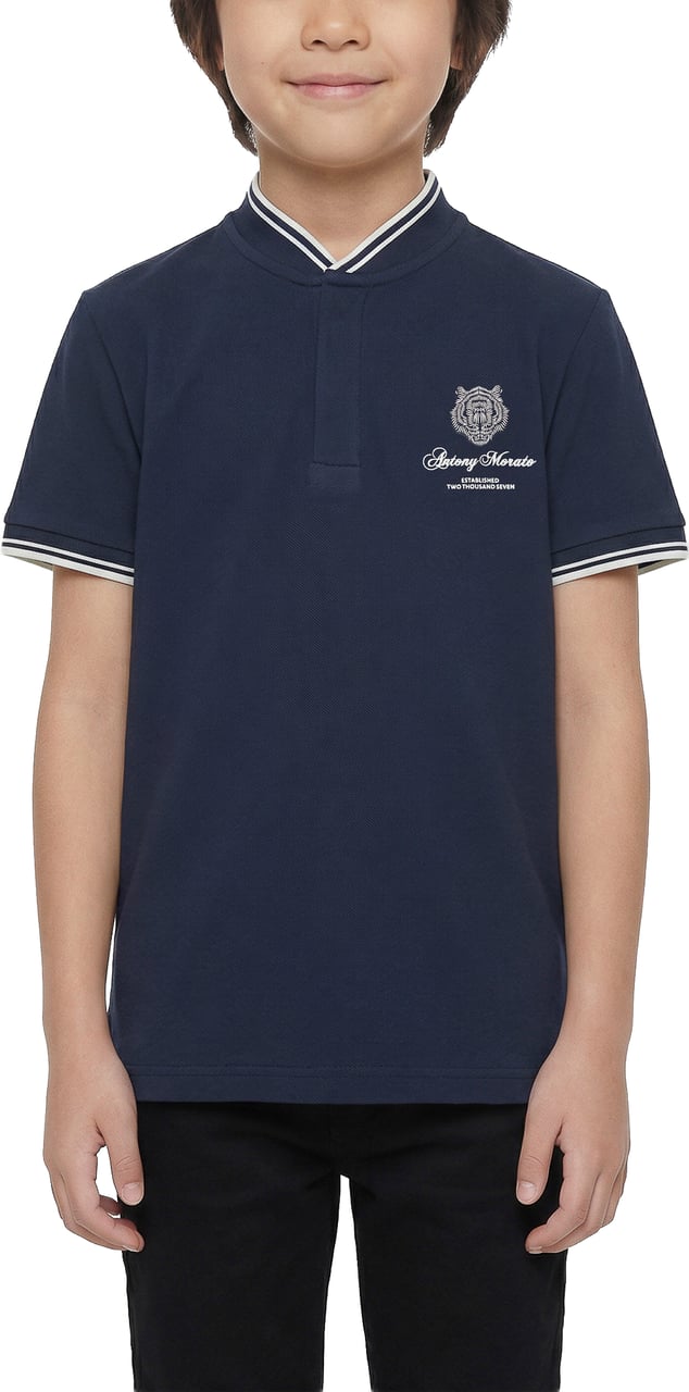 Antony Morato POLO REGULAR FIT KOREAN COLLAR IN PIQUET FABRIC WITH TIGER PRINT PATCH AND MATT PLASTIC LOGO Blauw