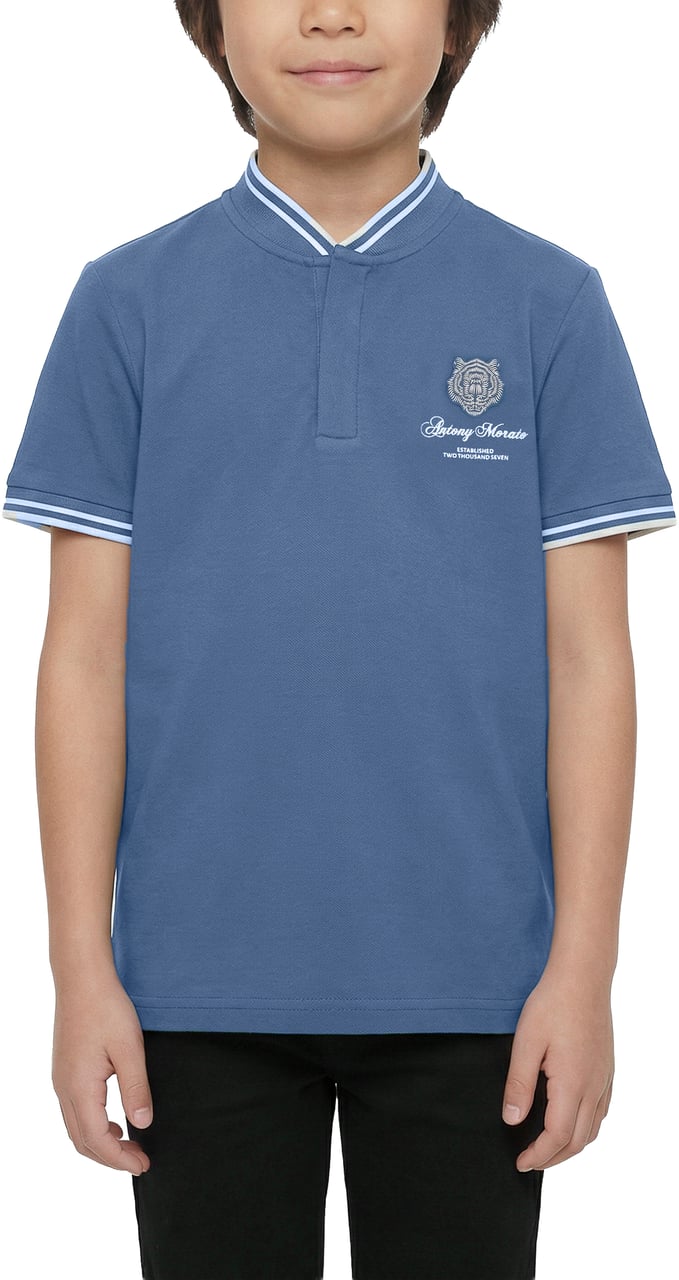 Antony Morato POLO REGULAR FIT KOREAN COLLAR IN PIQUET FABRIC WITH TIGER PRINT PATCH AND MATT PLASTIC LOGO Blauw