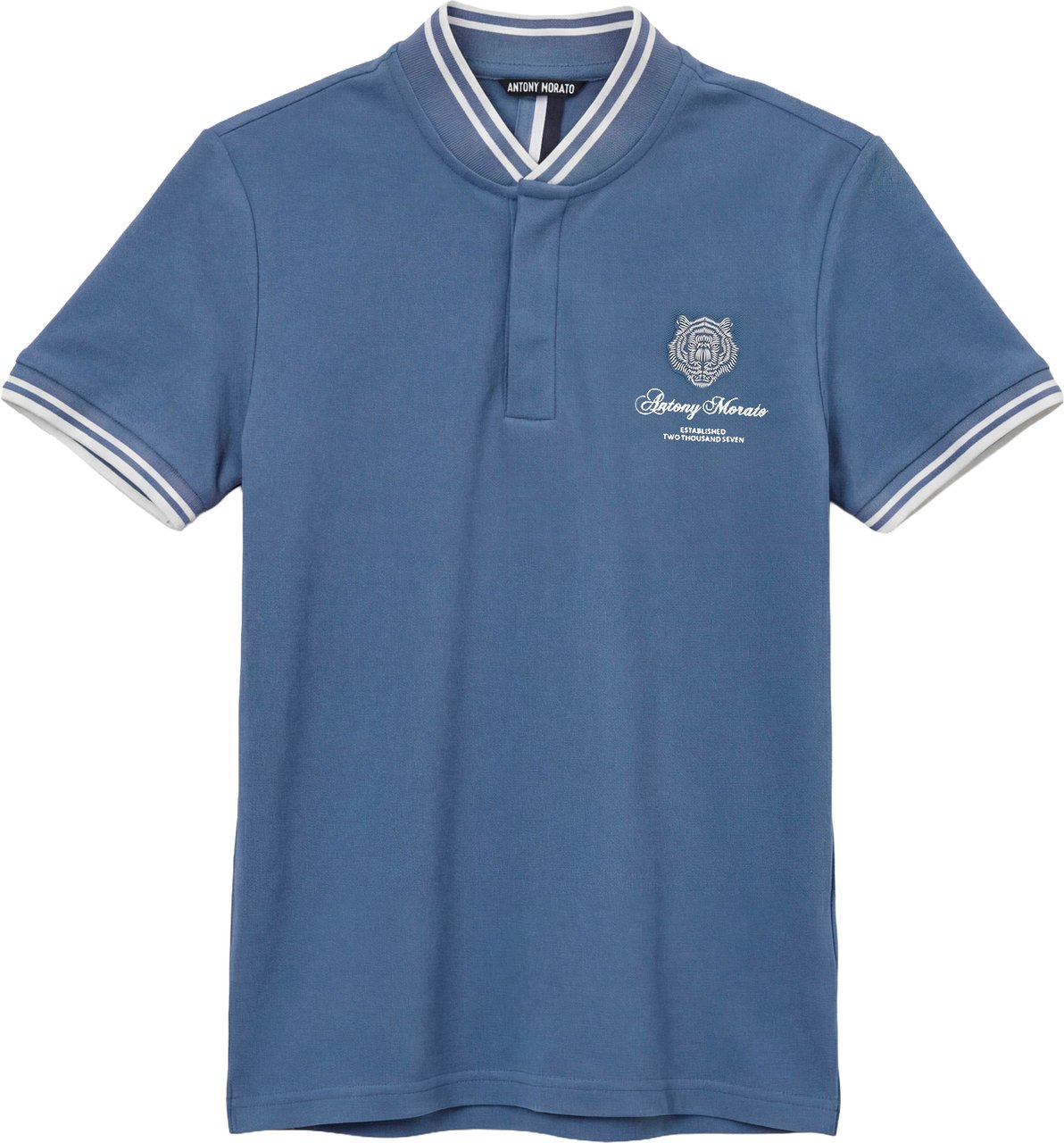 Antony Morato POLO REGULAR FIT KOREAN COLLAR IN PIQUET FABRIC WITH TIGER PRINT PATCH AND MATT PLASTIC LOGO Blauw