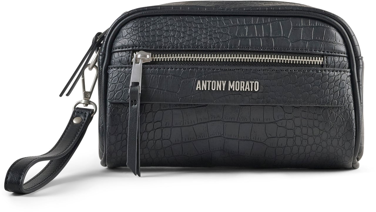 Antony Morato POUCH IN FAUX LEATHER CROCODILE PRINT.METAL ZIP POCKET.LOGO RIVET.DETACHABLE HANDLE Zwart
