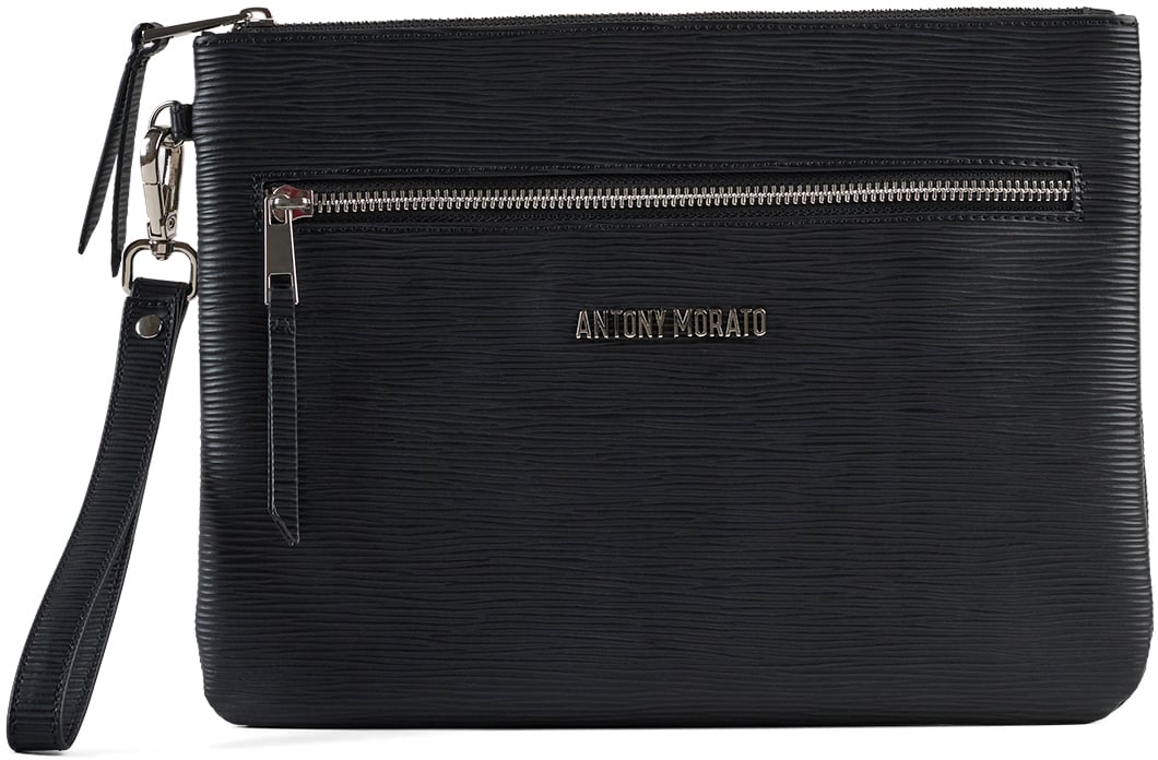 Antony Morato POUCH IN TEXTURED FAUX LEATHER.METAL ZIP POCKETS.LOGO RIVET.DETACHABLE HANDLE Zwart
