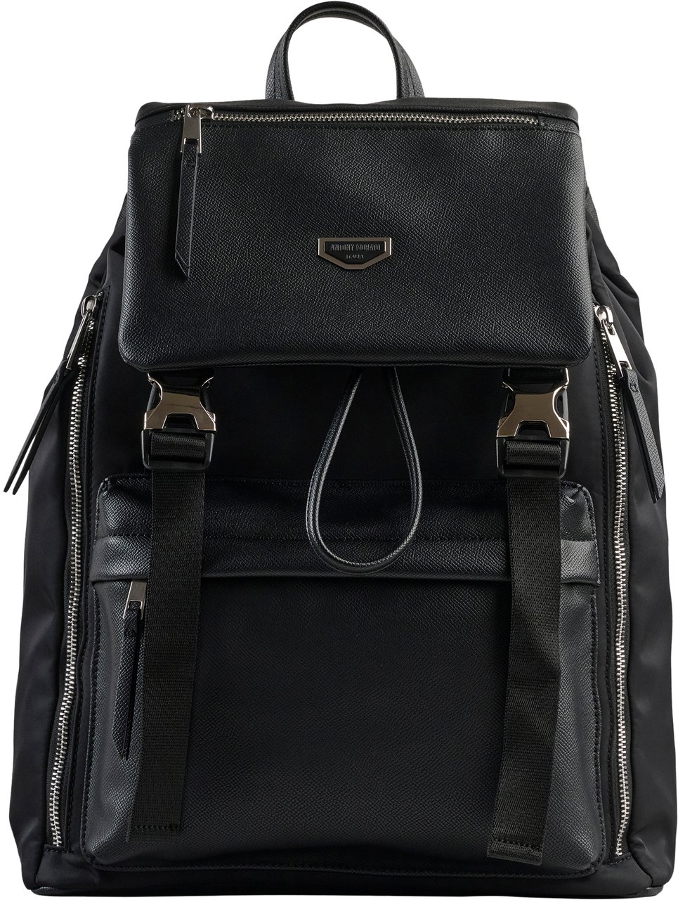 Antony Morato BACKPACK IN NYLON AND FAUX LEATHER.METAL ZIP POCKETS.3D LOGO METAL PLATE.SMART SLEEVE ON BACK Zwart
