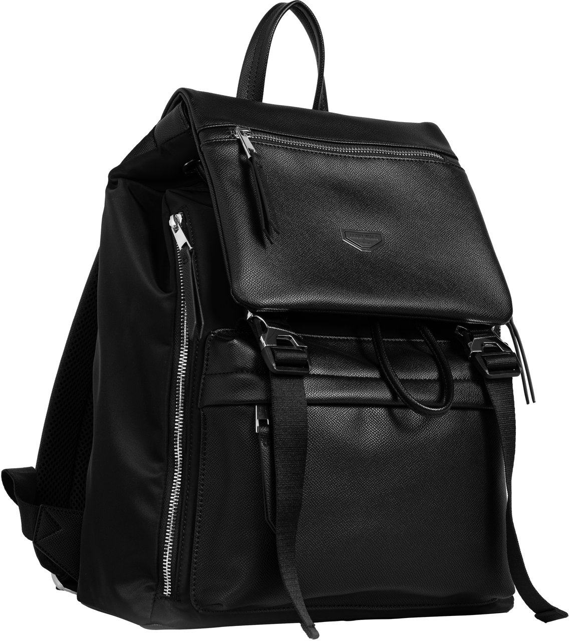 Antony Morato BACKPACK IN NYLON AND FAUX LEATHER.METAL ZIP POCKETS.3D LOGO METAL PLATE.SMART SLEEVE ON BACK Zwart