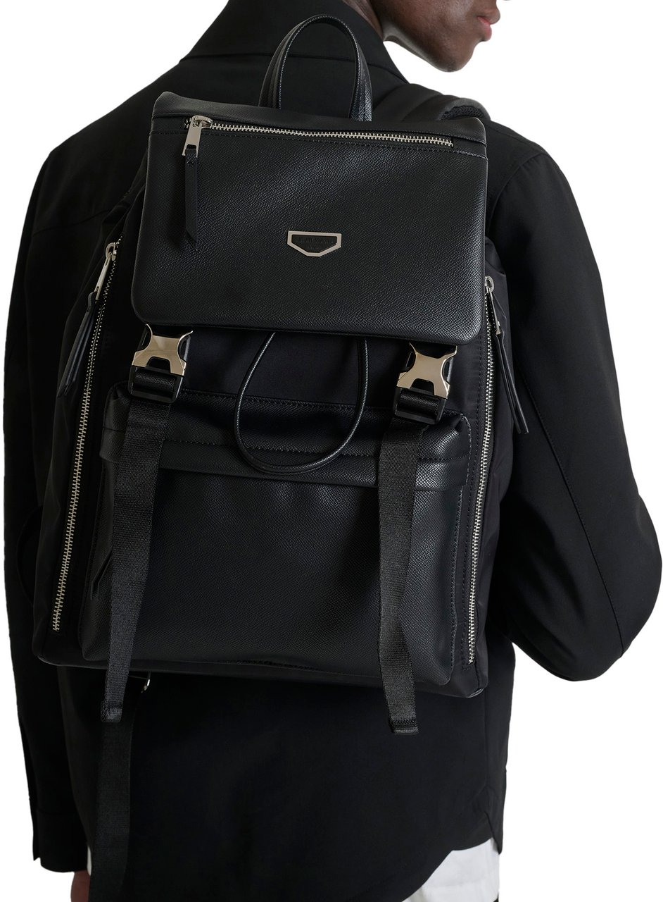 Antony Morato BACKPACK IN NYLON AND FAUX LEATHER.METAL ZIP POCKETS.3D LOGO METAL PLATE.SMART SLEEVE ON BACK Zwart
