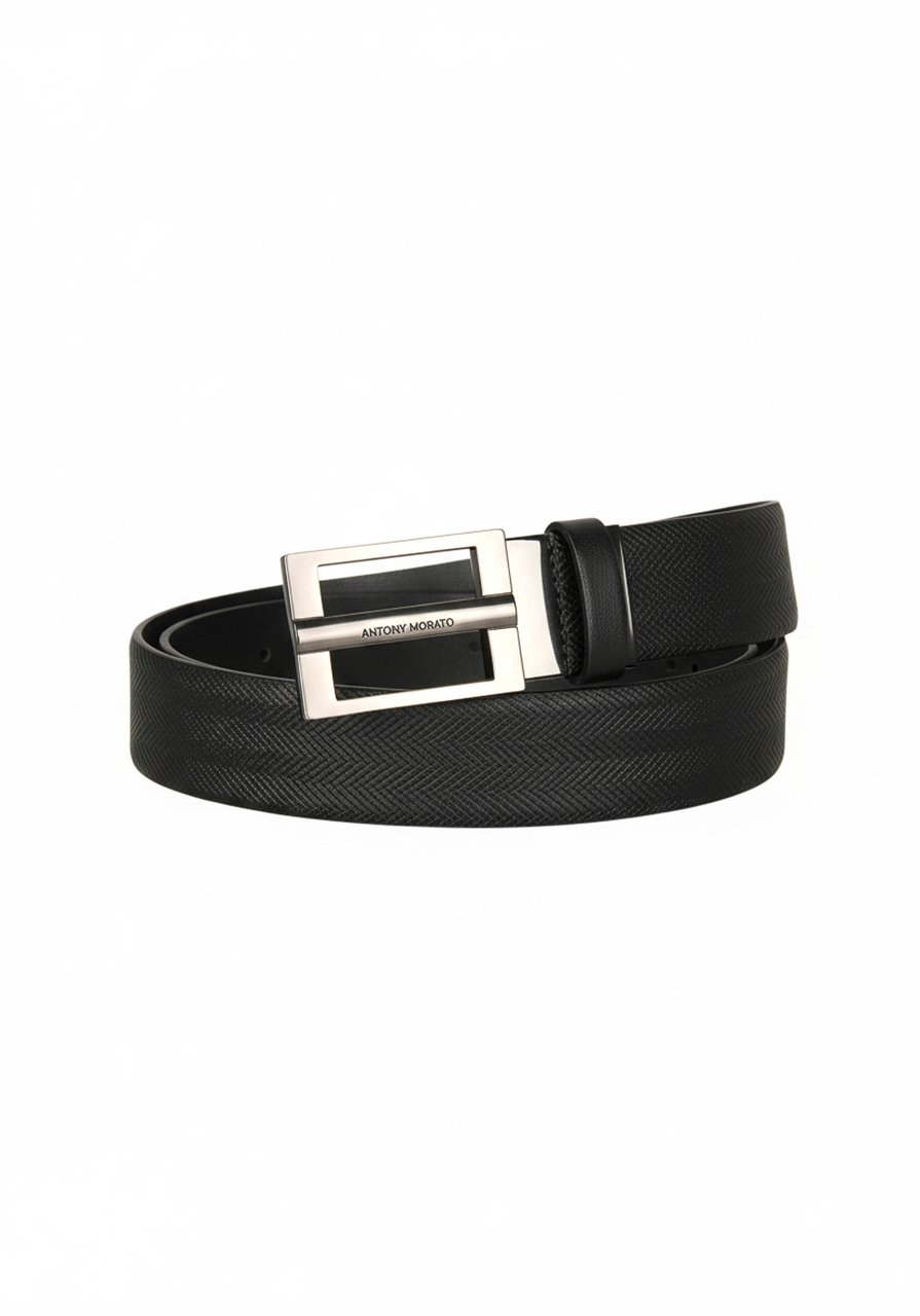 Antony Morato PLATE BELT H.35MM IN CALF LEATHER WITH HERRINGBONE EFFECT Zwart