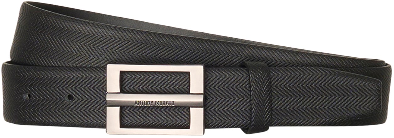 Antony Morato PLATE BELT H.35MM IN CALF LEATHER WITH HERRINGBONE EFFECT Zwart