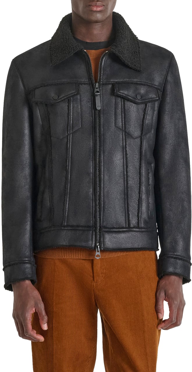 Antony Morato COAT REGULAR FIT IN STRETCH KNIT FAUX FUR WITH LOGOED BADGE Zwart