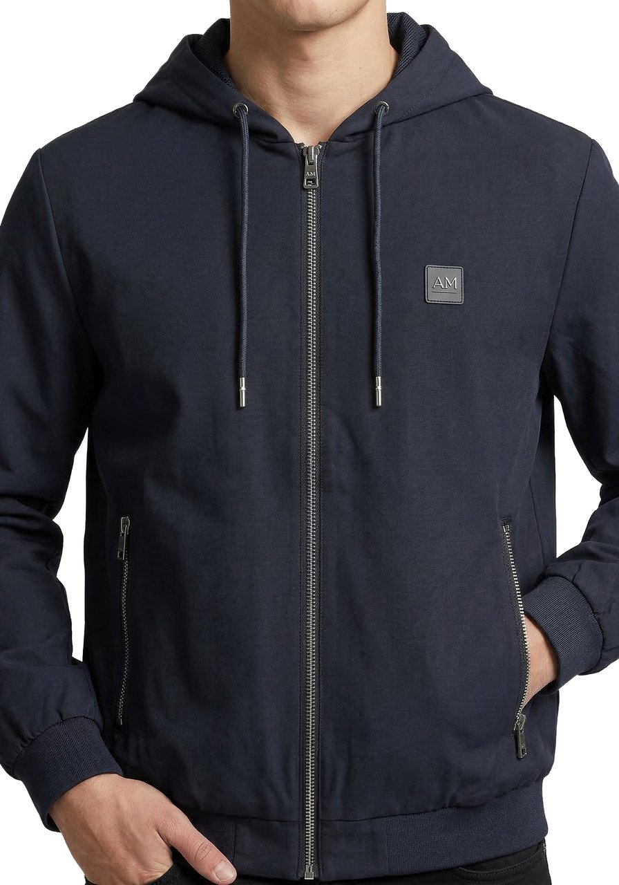 Antony Morato HOODIE BOMBER REGULAR  FIT IN NYLON DOBBY FABRIC WITH ZIP TWO WAY AND RIB BOTTOM AND CUFF Blauw
