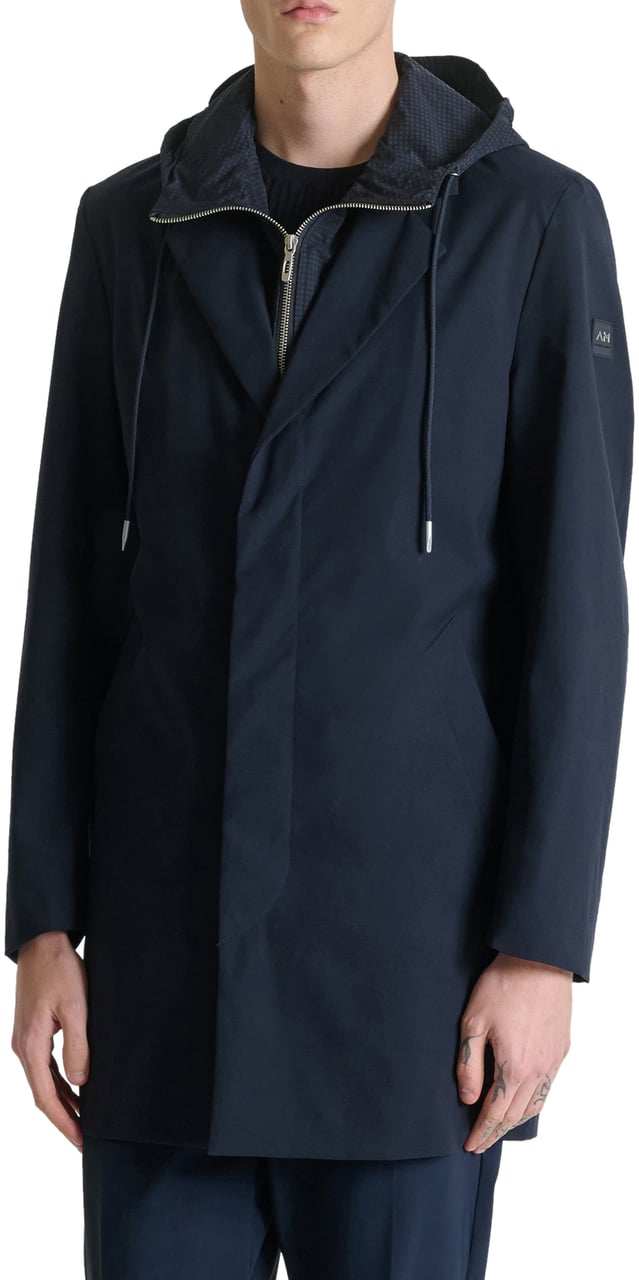 Antony Morato LONG COAT REGULAR FIT  IN COMPOUND FABRIC WITH HOODIE DETACHABLE PART AND LOGO RUBBER PATCH Blauw
