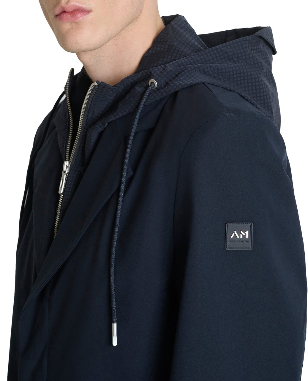 Antony Morato LONG COAT REGULAR FIT  IN COMPOUND FABRIC WITH HOODIE DETACHABLE PART AND LOGO RUBBER PATCH Blauw