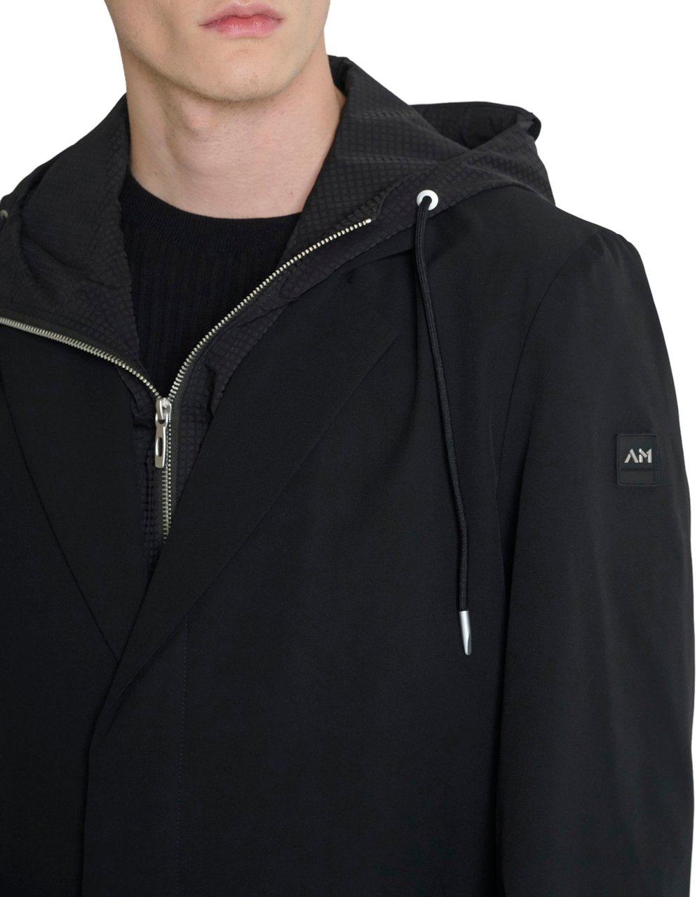 Antony Morato LONG COAT REGULAR FIT  IN COMPOUND FABRIC WITH HOODIE DETACHABLE PART AND LOGO RUBBER PATCH Zwart