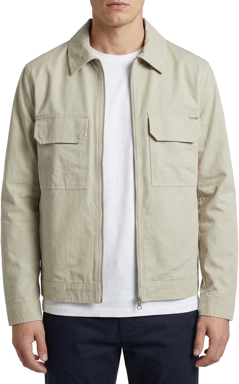 Antony Morato COAT RELAXED FIT IN DOBBY FABRIC WITH RUBBER LOGO PATCH PLAQUETTE AND ZIP TWO WAY Beige