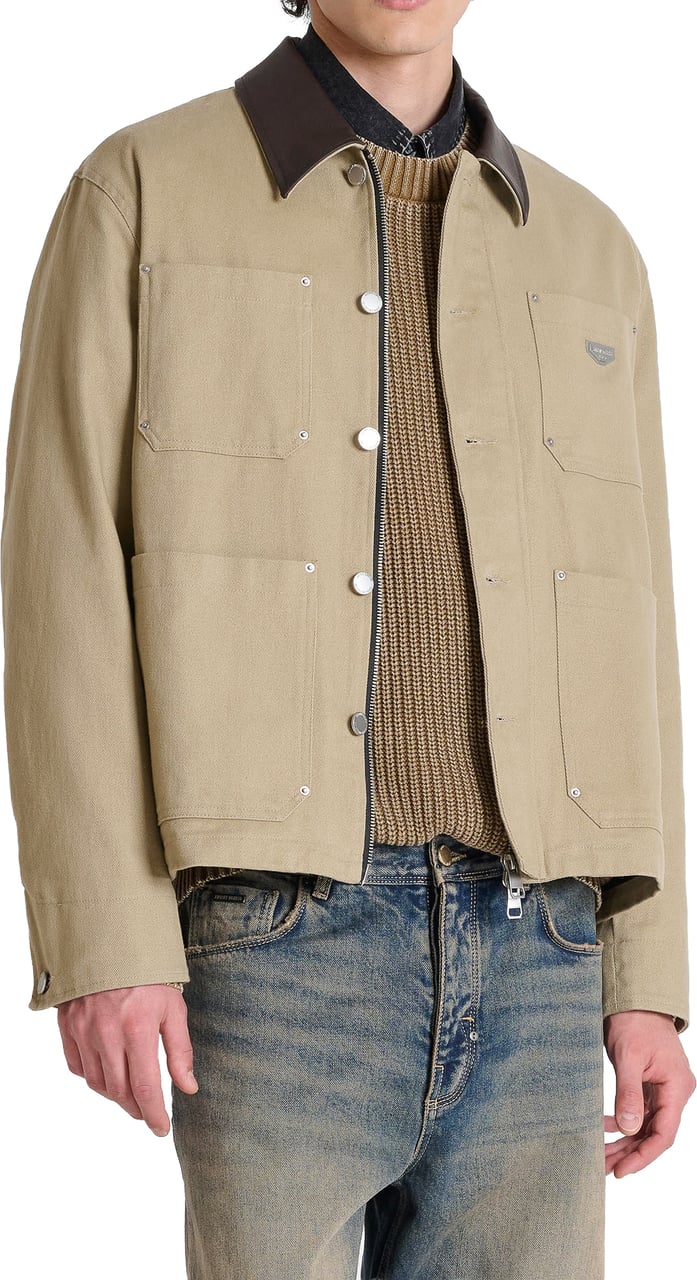 Antony Morato COAT REGULAR FIT IN COTTON TWILL WITH COLLAR IN FAUX LEATHER AND LOGO METAL PLAQUETTE Beige