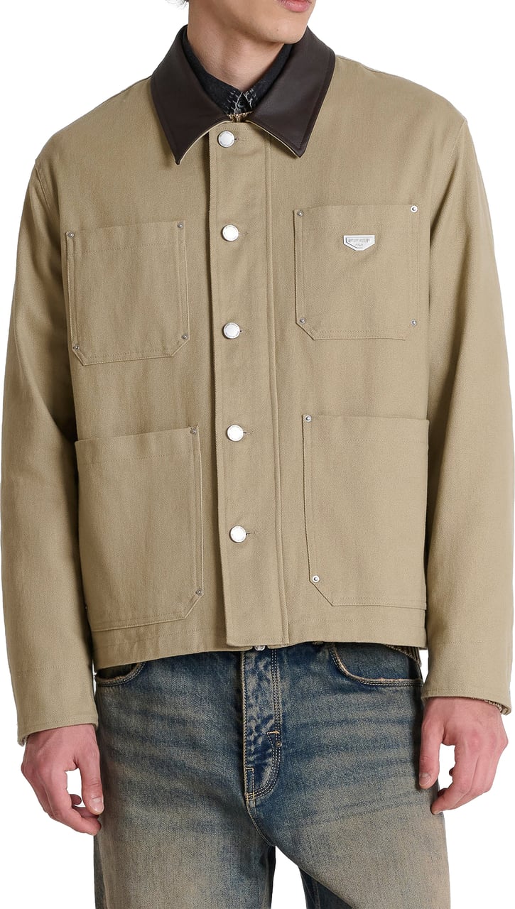 Antony Morato COAT REGULAR FIT IN COTTON TWILL WITH COLLAR IN FAUX LEATHER AND LOGO METAL PLAQUETTE Beige