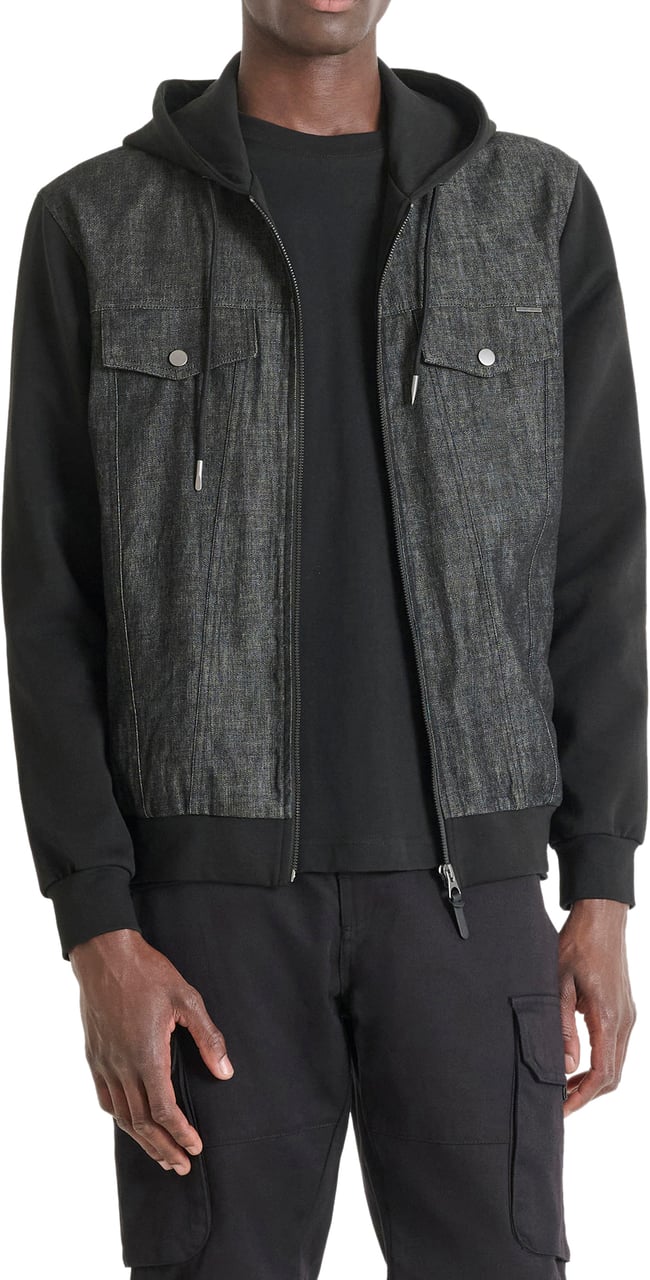 Antony Morato HODIE REGULAR FIT FLEECE WITH CONTRAST DENIM FABRIC WITH LOGO PLAQUETTE Zwart