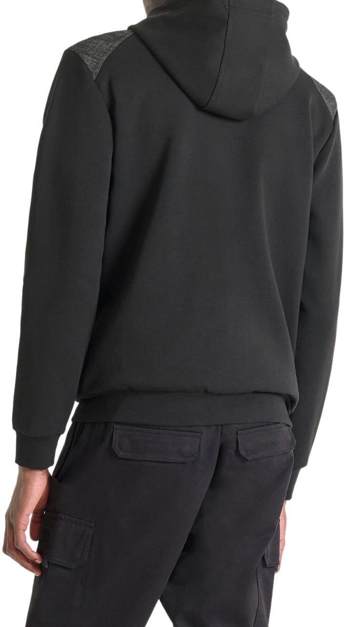 Antony Morato HODIE REGULAR FIT FLEECE WITH CONTRAST DENIM FABRIC WITH LOGO PLAQUETTE Zwart