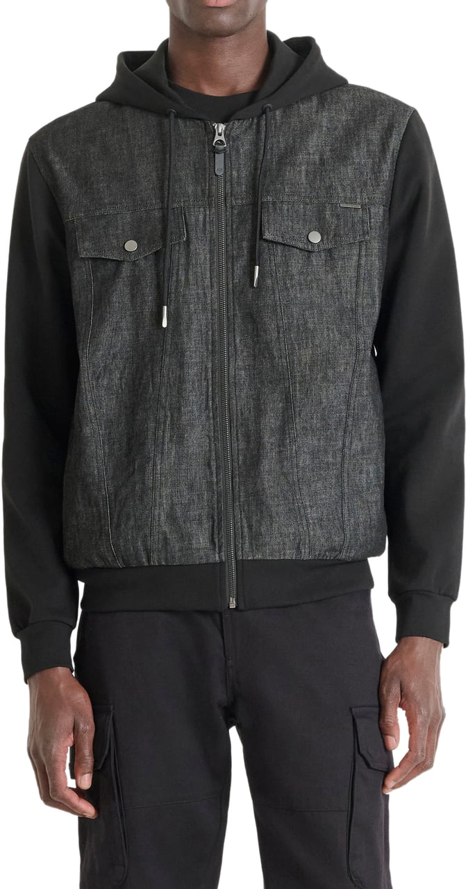 Antony Morato HODIE REGULAR FIT FLEECE WITH CONTRAST DENIM FABRIC WITH LOGO PLAQUETTE Zwart