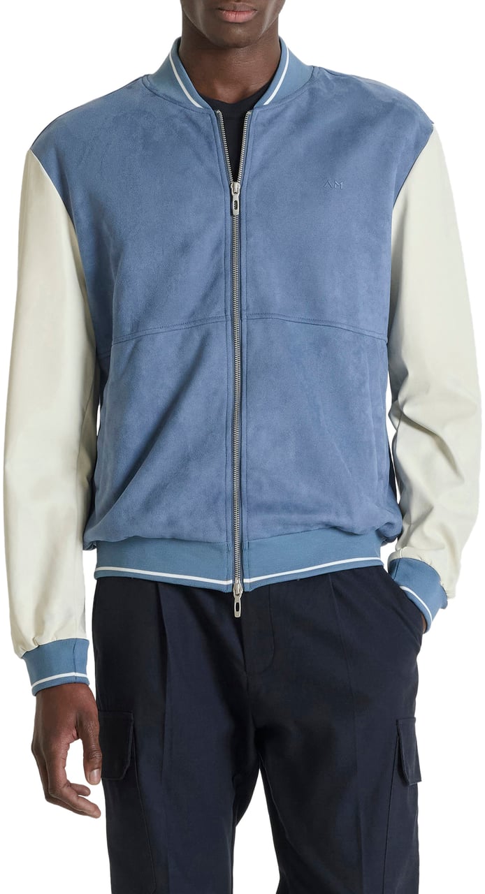 Antony Morato SWEATSHIRT REGULAR FIT IN STRETCH FAUX SUEDE WITH SLEEVES IN FAUX LEATHER AND PRINTED LOGO Blauw