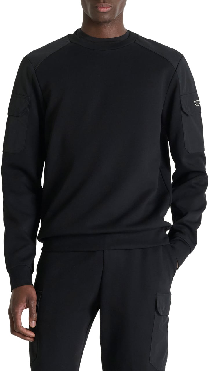 Antony Morato FLEECE REGULAR FIT ROUND NECK FABRIC WITH RUBBER METAL PLATE ON SLEEVE Zwart
