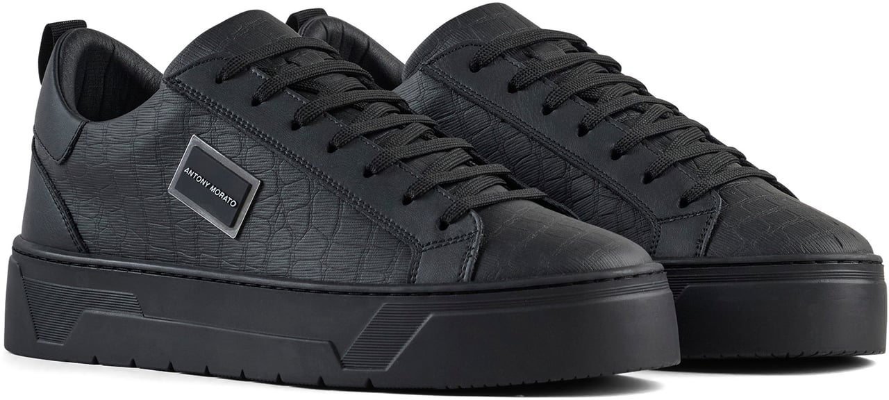 Antony Morato SNEAKER METAL BOLD ANIMAL IN COATED LEATHER CROCODILE PRINT.3D LOGO METAL PLATE.INLAID PLATFORM SOLE Zwart