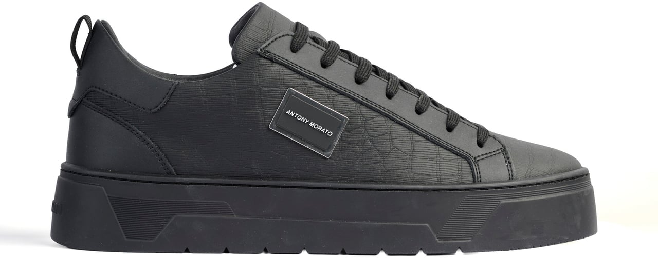 Antony Morato SNEAKER METAL BOLD ANIMAL IN COATED LEATHER CROCODILE PRINT.3D LOGO METAL PLATE.INLAID PLATFORM SOLE Zwart