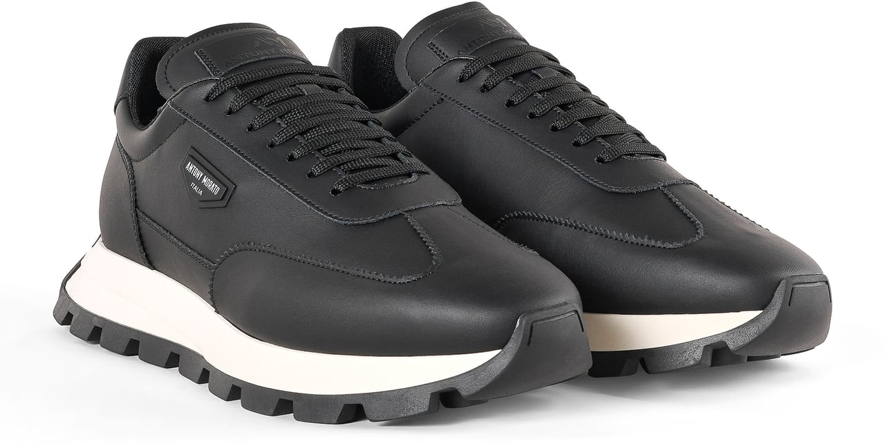 Antony Morato RUNNING RHINO IN COATED LEATHER.3D LOGO ON PLATE.SOLE WITH CONTRAST RUFFLE BOTTOM Zwart