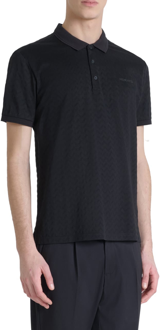 Antony Morato POLO SLIM FIT IN MERCERIZED DOBBY COTTON FABRIC GEOMETRIC MOTIF WITH RUBBER INJECTION LOGO PRINT Zwart