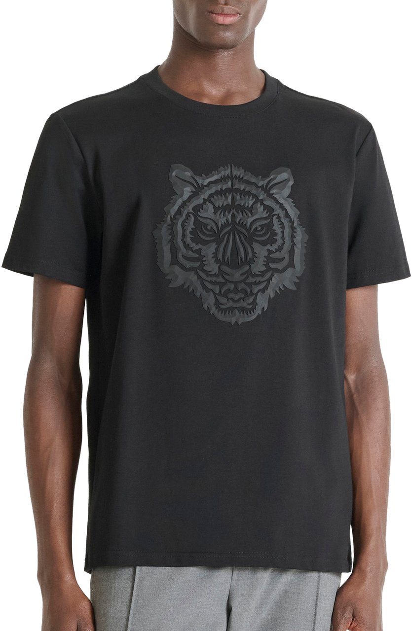 Antony Morato T-SHIRT REGULAR FIT IN JERSEY COTTON FABRIC WITH PRISM SHAPE RUBBER TIGER PRINT Zwart