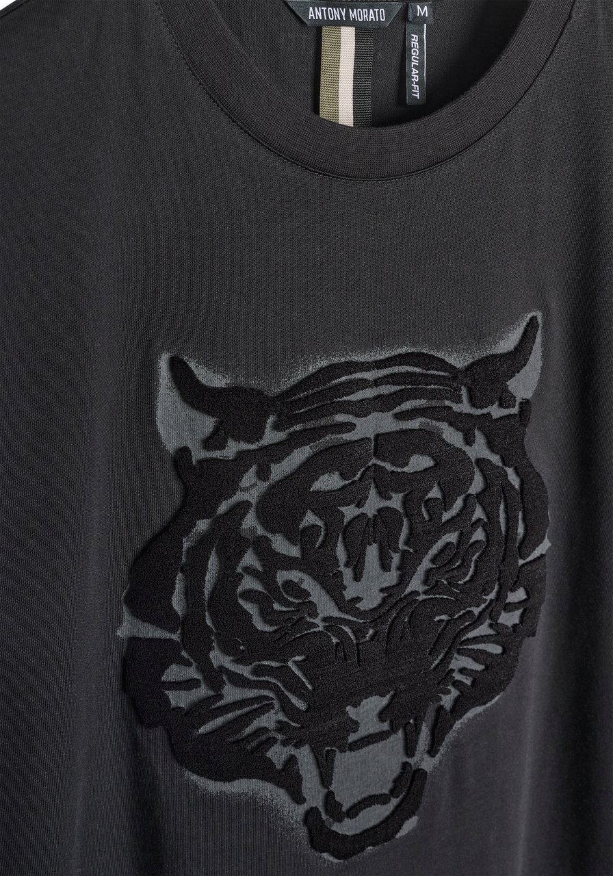 Antony Morato T-SHIRT REGULAR FIT IN JERSEY COTTON FABRIC WITH MATT PLASTIC AND EMBROIDERED TIGER Zwart