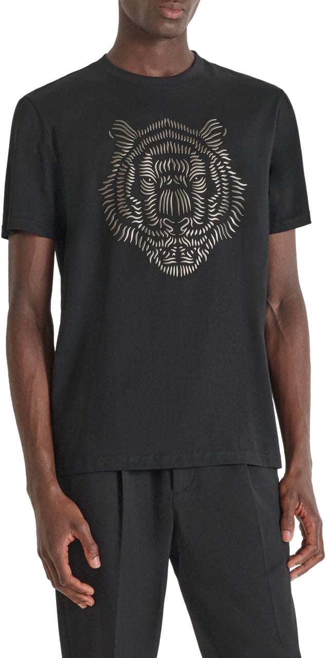 Antony Morato T-SHIRT REGULAR FIT IN JERSEY COTTON FABRIC WITH RUBBER REFLECTIVE TIGER PRINT Zwart